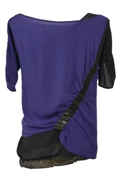 Anthracite draped silk-blend bateau neck blouse with ruched sleeve