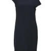 Anthracite draped wool-silk blend 3D knit asymmetric cowl sheath dress