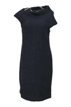 Anthracite draped wool-silk blend 3D knit asymmetric cowl sheath dress