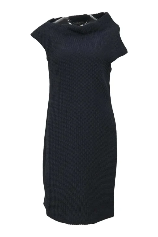 Anthracite draped wool-silk blend 3D knit asymmetric cowl sheath dress