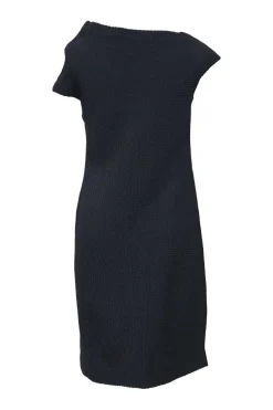 Anthracite draped wool-silk blend 3D knit asymmetric cowl sheath dress