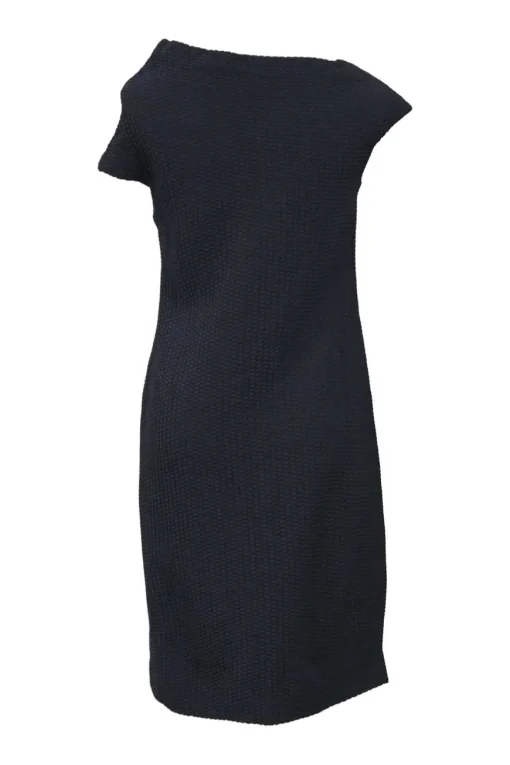 Anthracite draped wool-silk blend 3D knit asymmetric cowl sheath dress