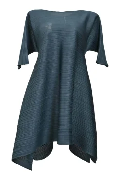 Anthracite polyester bateau neck dolman sleeve handkerchief plissé dress with toggle waist