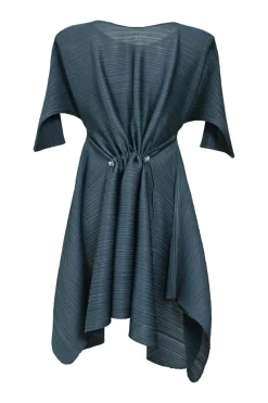 Anthracite polyester bateau neck dolman sleeve handkerchief plissé dress with toggle waist