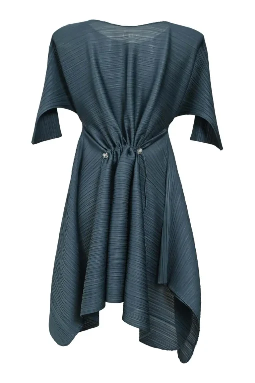Anthracite polyester bateau neck dolman sleeve handkerchief plissé dress with toggle waist