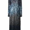 Anthracite sequined viscose long sleeve A-line midi dress with keyhole back