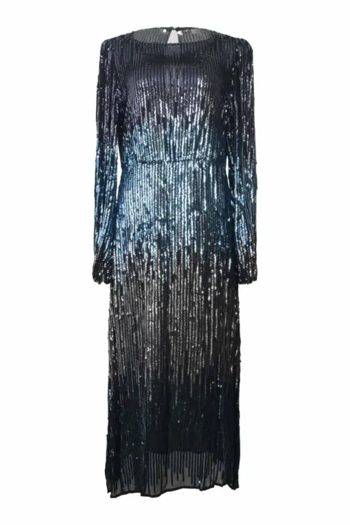 Anthracite sequined viscose long sleeve A-line midi dress with keyhole back