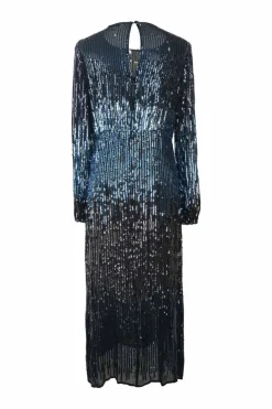 Anthracite sequined viscose long sleeve A-line midi dress with keyhole back