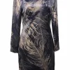 Anthracite silk-blend satin feather digi-print long sleeve shift dress
