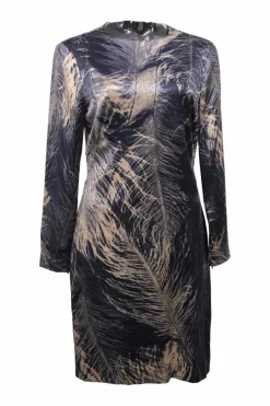 Anthracite silk-blend satin feather digi-print long sleeve shift dress