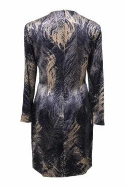 Anthracite silk-blend satin feather digi-print long sleeve shift dress