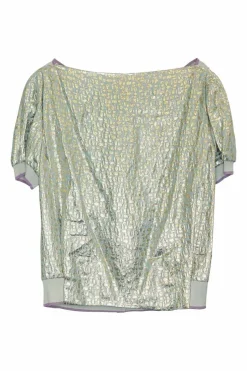 Aquamarine silk-blend metallic jacquard paneled puff sleeve cardigan