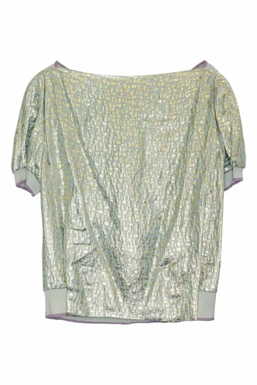 Aquamarine silk-blend metallic jacquard paneled puff sleeve cardigan