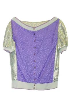 Aquamarine silk-blend metallic jacquard paneled puff sleeve cardigan