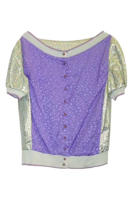 Aquamarine silk-blend metallic jacquard paneled puff sleeve cardigan
