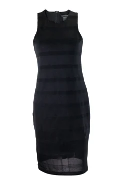 Armani Exchange sleeveless shift knit dress  in horizontal panels. Dress is lined