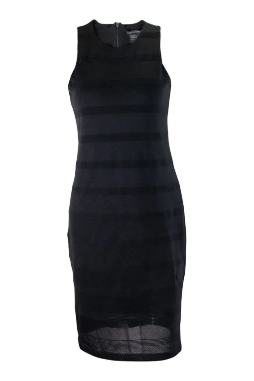 Armani Exchange sleeveless shift knit dress  in horizontal panels. Dress is lined
