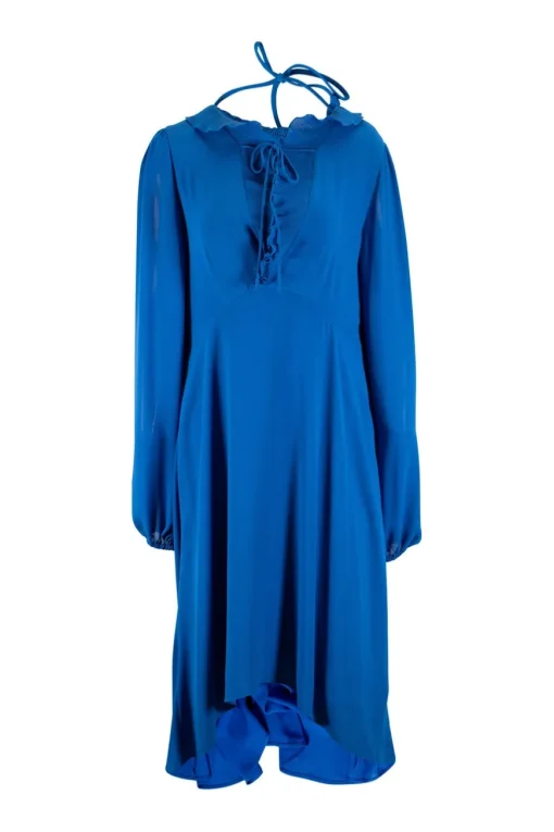 Balenciaga Blue silk knee length dress with ruffle collar &amp; V neck opening
