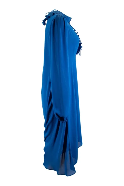 Balenciaga Blue silk knee length dress with ruffle collar &amp; V neck opening