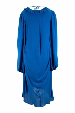 Balenciaga Blue silk knee length dress with ruffle collar &amp; V neck opening