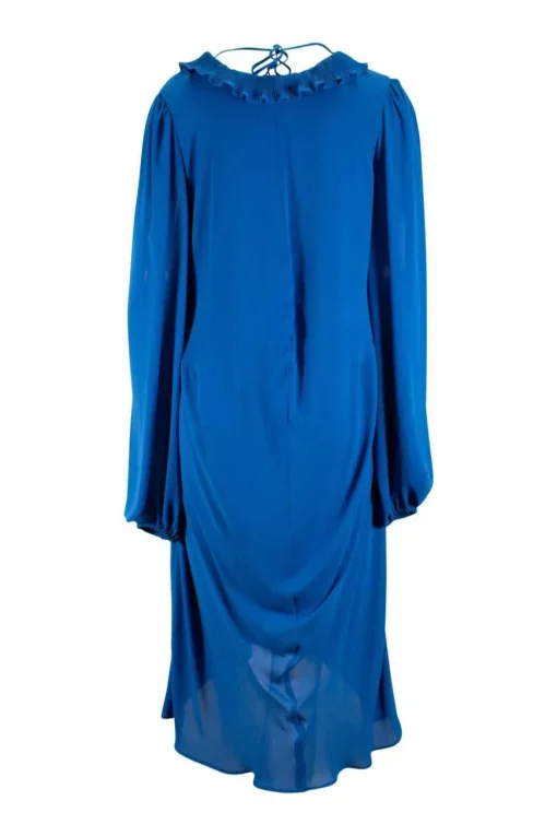 Balenciaga Blue silk knee length dress with ruffle collar &amp; V neck opening