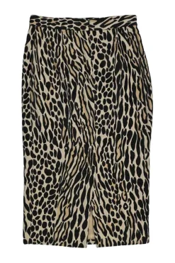 Beige and black viscose-blend leopard print pull-on knee-length pencil skirt with slit back