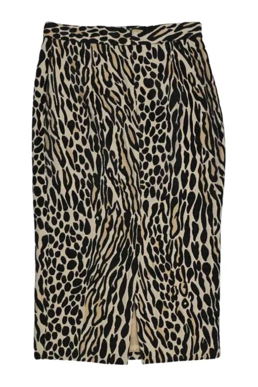 Beige and black viscose-blend leopard print pull-on knee-length pencil skirt with slit back