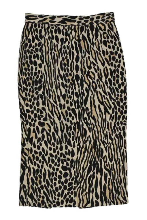 Beige and black viscose-blend leopard print pull-on knee-length pencil skirt with slit back