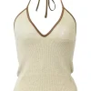 Beige and brown linen-blend fully-fashioned rib knit halter neck tank top with adjustable self-tie fastening at nape