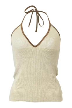 Beige and brown linen-blend fully-fashioned rib knit halter neck tank top with adjustable self-tie fastening at nape