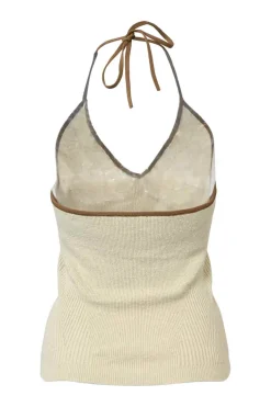 Beige and brown linen-blend fully-fashioned rib knit halter neck tank top with adjustable self-tie fastening at nape