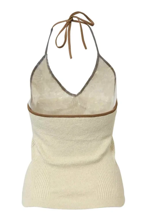 Beige and brown linen-blend fully-fashioned rib knit halter neck tank top with adjustable self-tie fastening at nape
