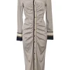 Beige and navy bias-cut silk-blend chevron print classic collar button-front ruched shirt dress