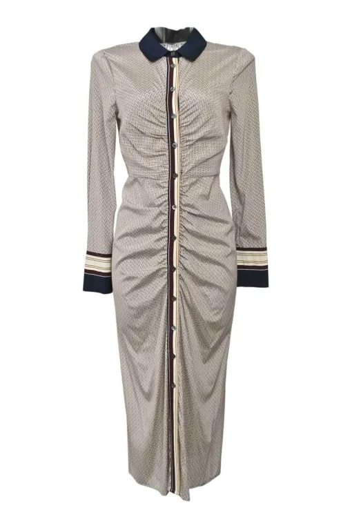 Beige and navy bias-cut silk-blend chevron print classic collar button-front ruched shirt dress