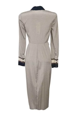 Beige and navy bias-cut silk-blend chevron print classic collar button-front ruched shirt dress