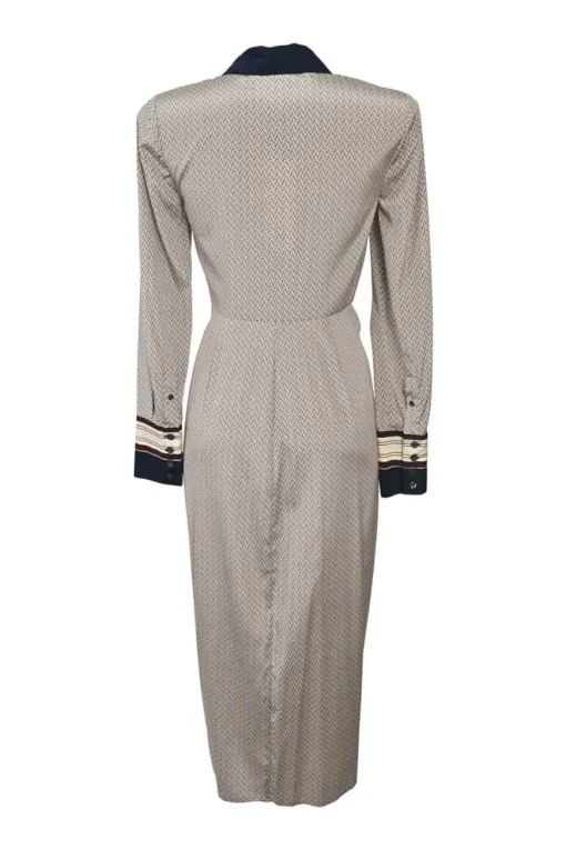 Beige and navy bias-cut silk-blend chevron print classic collar button-front ruched shirt dress