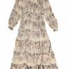 Beige and navy viscose-blend floral tiered devoré maxi dress with gathered neckline and blouson sleeves