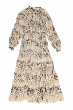 Beige and navy viscose-blend floral tiered devoré maxi dress with gathered neckline and blouson sleeves