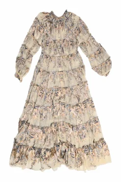 Beige and navy viscose-blend floral tiered devoré maxi dress with gathered neckline and blouson sleeves