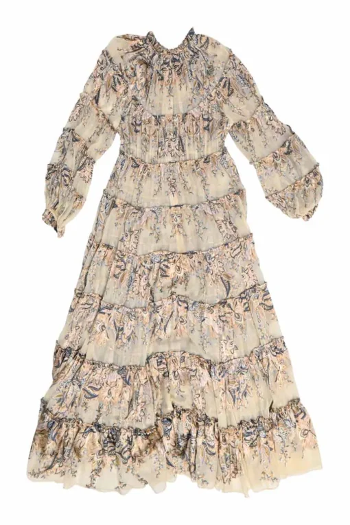 Beige and navy viscose-blend floral tiered devoré maxi dress with gathered neckline and blouson sleeves