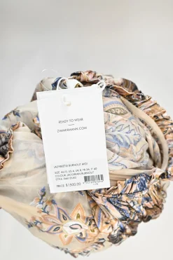 Beige and navy viscose-blend floral tiered devoré maxi dress with gathered neckline and blouson sleeves