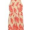 Beige and orange draped floral lace Mandarin collar sleeveless sheath dress with scalloped hem