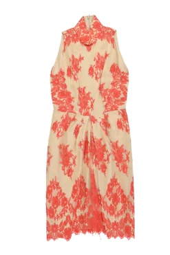 Beige and orange draped floral lace Mandarin collar sleeveless sheath dress with scalloped hem