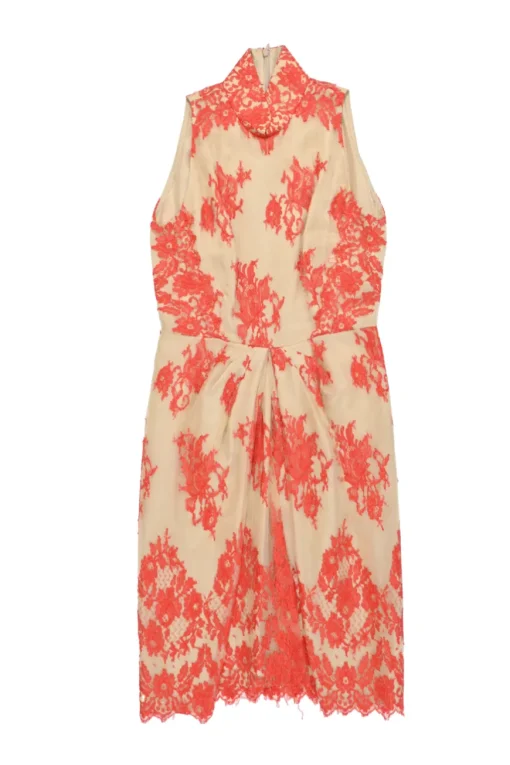 Beige and orange draped floral lace Mandarin collar sleeveless sheath dress with scalloped hem