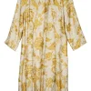 Beige and yellow linen-blend floral jacquard pleated French collar boat neck pullover shift dress