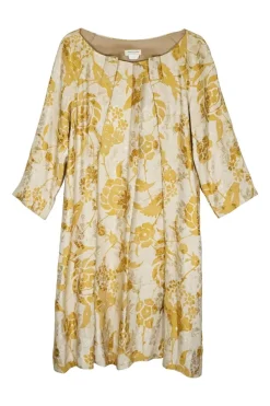 Beige and yellow linen-blend floral jacquard pleated French collar boat neck pullover shift dress