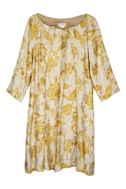 Beige and yellow linen-blend floral jacquard pleated French collar boat neck pullover shift dress
