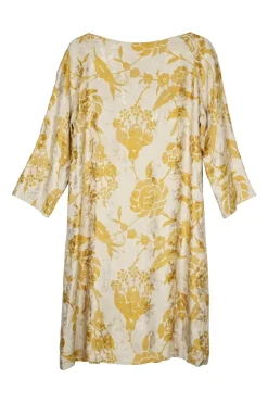 Beige and yellow linen-blend floral jacquard pleated French collar boat neck pullover shift dress