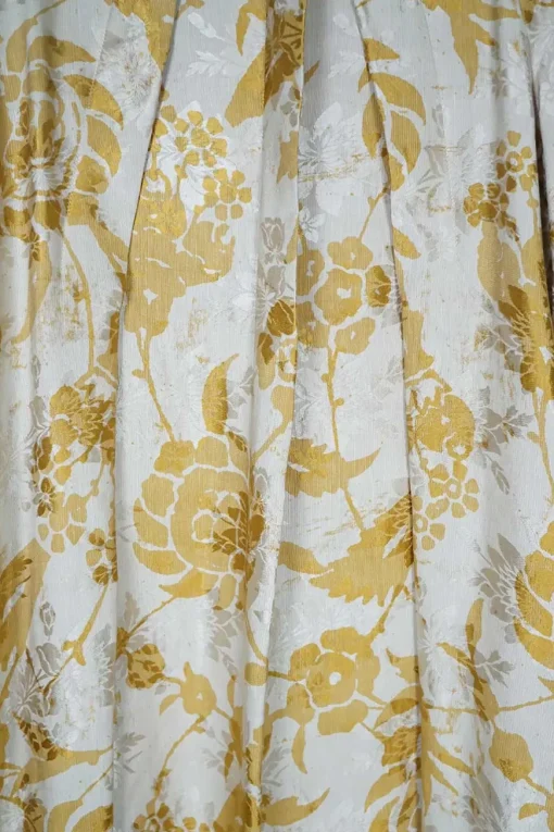 Beige and yellow linen-blend floral jacquard pleated French collar boat neck pullover shift dress