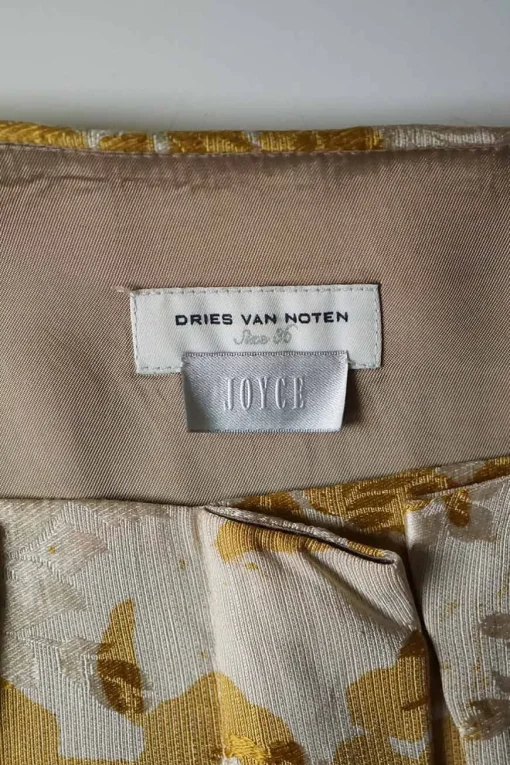 Beige and yellow linen-blend floral jacquard pleated French collar boat neck pullover shift dress